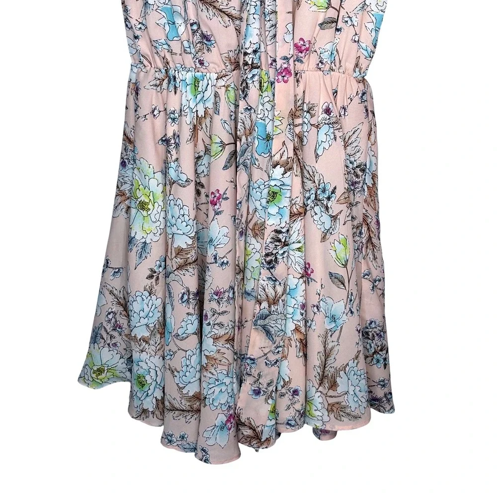 Molly Bracken Floral Tie Neck Mini Dress Womens Size S Pink Sleeveless Fit Flare